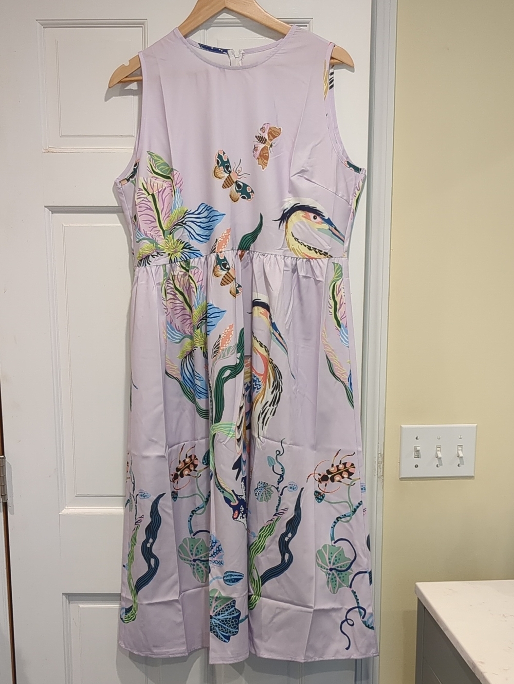 Sleeveless Lilac Floral & Bird Print Dress